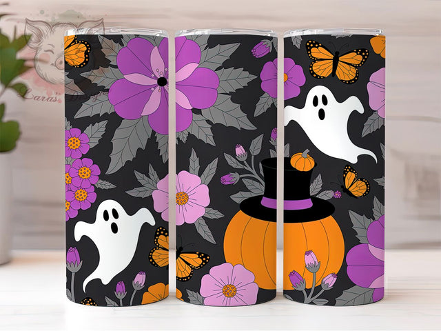 Ghost Pumpkin Floral Halloween Tumbler, Halloween Floral Wrap, 20Oz Sublimation Design, Witch Hat Drinkware, Spooky Butterfly Cup, Fall Halloween Gift, Autumn Witch Tumbler Sublimation Lara' s Designs 