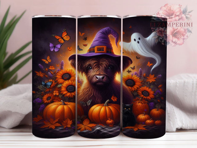 Ghost Pumpkin Highland Cow Halloween Tumbler, Ghost Cow Wrap, Pumpkin Sublimation Design, 20Oz Skinny Tumbler, Spooky Farm Animal Drinkware, Autumn Cow Tumbler, Cute Halloween Wrap Sublimation Li Zamperini 