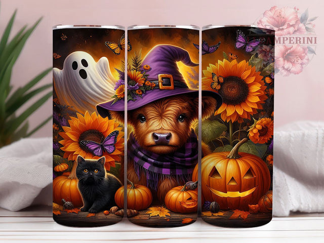 Ghost Pumpkin Highland Cow Halloween Tumbler, Ghost Cow Wrap, Pumpkin Sublimation Design, 20Oz Skinny Tumbler, Spooky Farm Animal Drinkware, Autumn Cow Tumbler, Cute Halloween Wrap Sublimation Li Zamperini 
