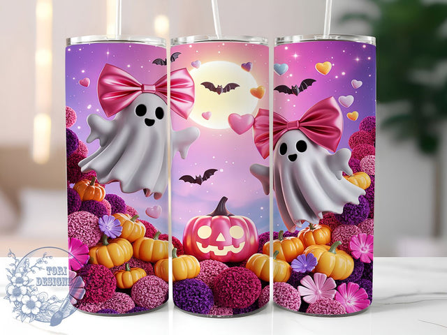 Ghost Pumpkin Pink Glow 20oz Tumbler, Ghost Motif, Pumpkin Accent, Pink Theme, Glow Effect, Halloween Charm, Skinny Tumbler, Sublimation PNG Sublimation ToriDesigns 