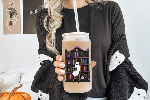 Ghost Reading Book PNG, Halloween Ghost Bookshelf PNG Sublimation Pickled Thistle Creative 