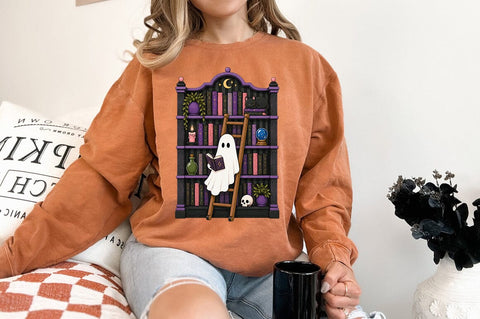 Ghost Reading Book PNG, Halloween Ghost Bookshelf PNG Sublimation Pickled Thistle Creative 