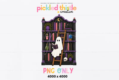 Ghost Reading Book PNG, Halloween Ghost Bookshelf PNG Sublimation Pickled Thistle Creative 