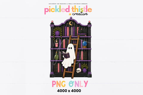 Ghost Reading Book PNG, Halloween Ghost Bookshelf PNG Sublimation Pickled Thistle Creative 