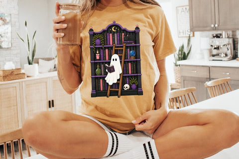 Ghost Reading Book PNG, Halloween Ghost Bookshelf PNG Sublimation Pickled Thistle Creative 