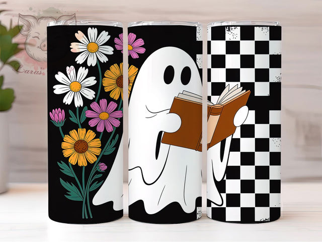 Ghost Reading Bookish Fall Tumbler Wrap, Ghost Reading Book Png, 20oz Skinny Tumbler, Book Lover Sublimation, Spooky Season Tumbler, Tumbler Design Download, Bibliophile Gift Png Sublimation Lara' s Designs 