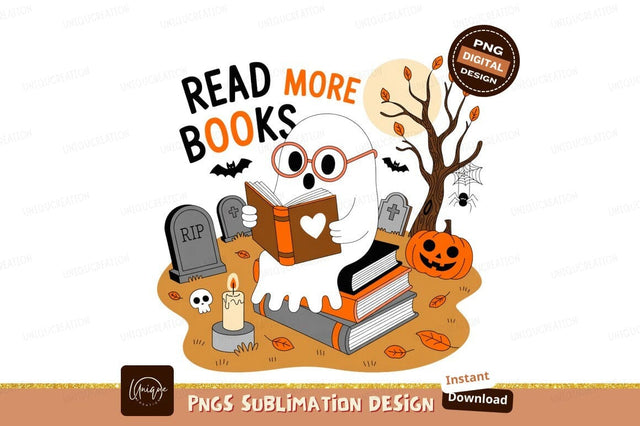 Ghost reading books on Halloween night image Sublimation Designangry 