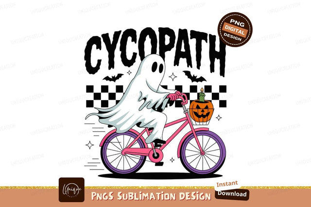 Ghost riding bicycle with pumpkin halloween candle Sublimation Designangry 