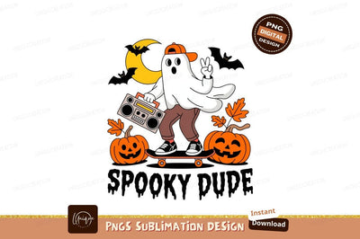 Ghost skateboarding with boombox and pumpkins halloween Sublimation Designangry 