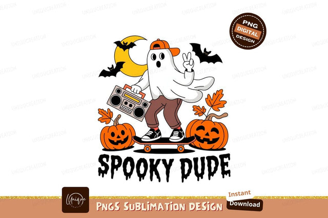 Ghost skateboarding with boombox and pumpkins halloween Sublimation Designangry 