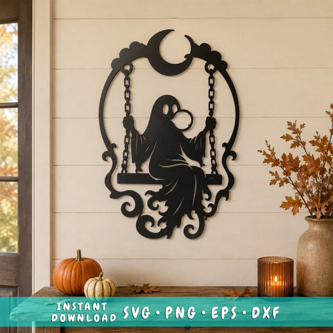 Ghost Swing Laser SVG | Halloween Ghost SVG | Spooky Moon Dxf | Plasma Cut File | CNC Metal Wall Art | Halloween Decor Svg SVG HappyDesignStudio 