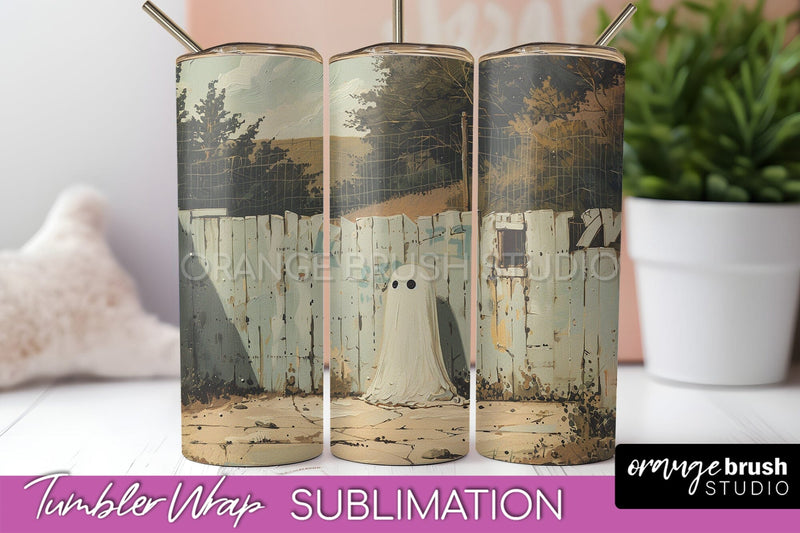 Ghost Tumbler Wrap - Vintage Halloween Tumbler Sublimation Sublimation OrangeBrushStudio 