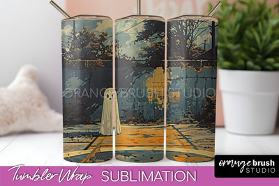 Ghost Tumbler Wrap - Vintage Halloween Tumbler Sublimation Sublimation OrangeBrushStudio 