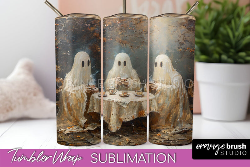 Ghost Tumbler Wrap - Vintage Halloween Tumbler Sublimation Sublimation OrangeBrushStudio 