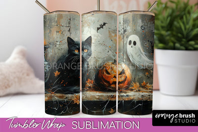 Ghost Tumbler Wrap - Vintage Halloween Tumbler Sublimation Sublimation OrangeBrushStudio 