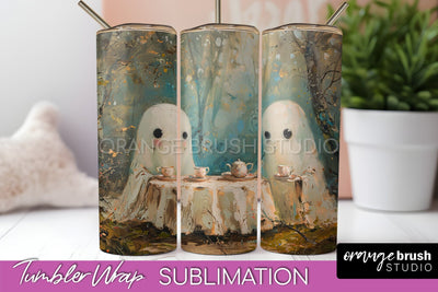 Ghost Tumbler Wrap - Vintage Halloween Tumbler Sublimation Sublimation OrangeBrushStudio 