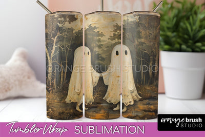 Ghost Tumbler Wrap - Vintage Halloween Tumbler Sublimation Sublimation OrangeBrushStudio 