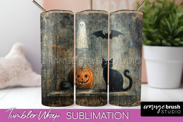 Ghost Tumbler Wrap - Vintage Halloween Tumbler Sublimation Sublimation OrangeBrushStudio 