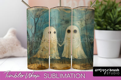 Ghost Tumbler Wrap - Vintage Halloween Tumbler Sublimation Sublimation OrangeBrushStudio 