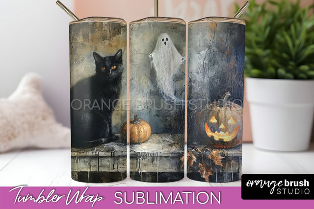 Ghost Tumbler Wrap - Vintage Halloween Tumbler Sublimation Sublimation OrangeBrushStudio 