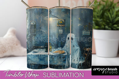 Ghost Tumbler Wrap - Vintage Halloween Tumbler Sublimation Sublimation OrangeBrushStudio 