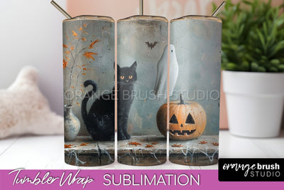 Ghost Tumbler Wrap - Vintage Halloween Tumbler Sublimation Sublimation OrangeBrushStudio 