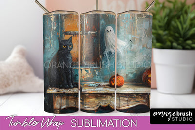 Ghost Tumbler Wrap - Vintage Halloween Tumbler Sublimation Sublimation OrangeBrushStudio 