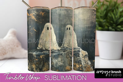 Ghost Tumbler Wrap - Vintage Halloween Tumbler Sublimation Sublimation OrangeBrushStudio 
