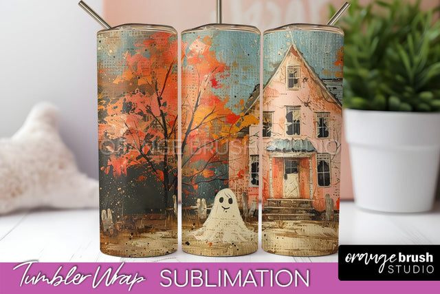 Ghost Tumbler Wrap - Vintage Halloween Tumbler Sublimation Sublimation OrangeBrushStudio 