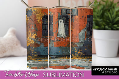 Ghost Tumbler Wrap - Vintage Halloween Tumbler Sublimation Sublimation OrangeBrushStudio 