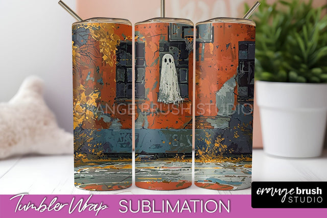 Ghost Tumbler Wrap - Vintage Halloween Tumbler Sublimation Sublimation OrangeBrushStudio 