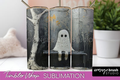 Ghost Tumbler Wrap - Vintage Halloween Tumbler Sublimation Sublimation OrangeBrushStudio 