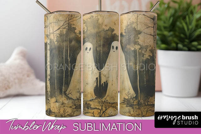 Ghost Tumbler Wrap - Vintage Halloween Tumbler Sublimation Sublimation OrangeBrushStudio 