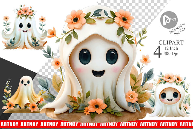 Ghost Watercolor Floral Clipart Sublimation artnoy 