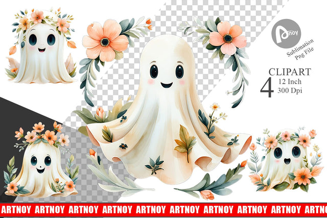 Ghost Watercolor Floral Clipart Sublimation artnoy 