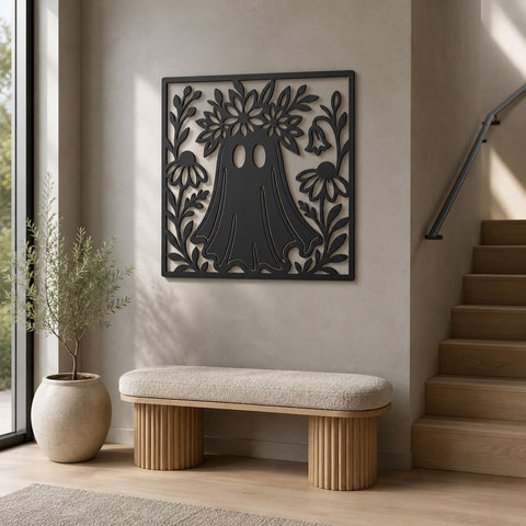 Ghost With Flower Crown Laser SVG | Halloween Ghost DXF | Cute Spooky Metal Art | CNC Plasma Cut File | Floral Ghost Wall Decor SVG HappyDesignStudio 
