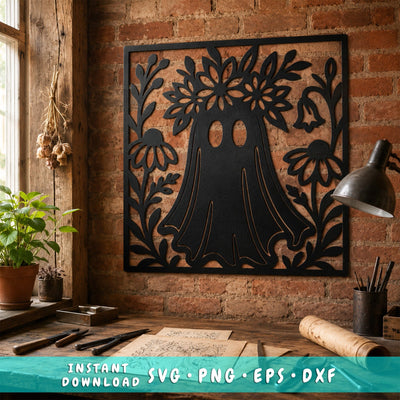 Ghost With Flower Crown Laser SVG | Halloween Ghost DXF | Cute Spooky Metal Art | CNC Plasma Cut File | Floral Ghost Wall Decor SVG HappyDesignStudio 