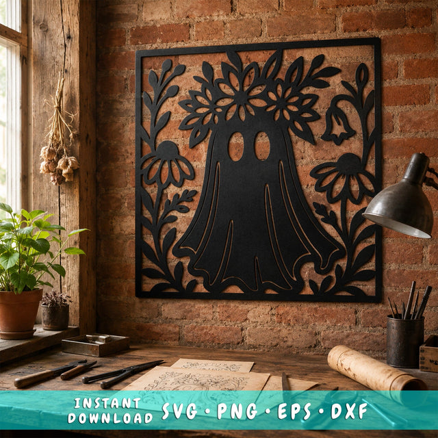 Ghost With Flower Crown Laser SVG | Halloween Ghost DXF | Cute Spooky Metal Art | CNC Plasma Cut File | Floral Ghost Wall Decor SVG HappyDesignStudio 