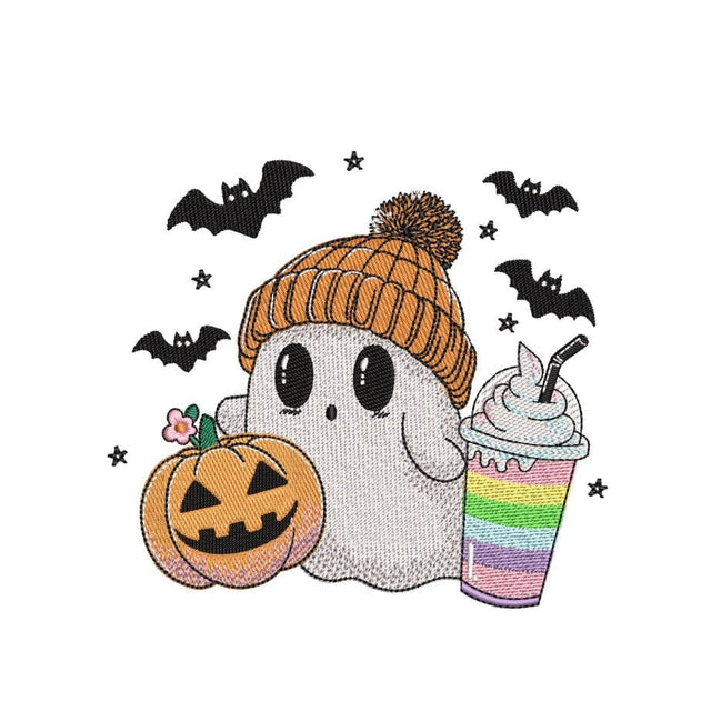 Ghost with Iced Rainbow Coffee Embroidery Design, Halloween Pumpkin Embroidery Design, 3 sizes, Instant Download Embroidery/Applique DESIGNS Nino Nadaraia 