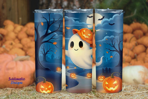Ghost With Pumpkin Hat Tumbler Wrap | Halloween Tumbler Wrap for Sublimation Sublimation Sublimatiz Designs 