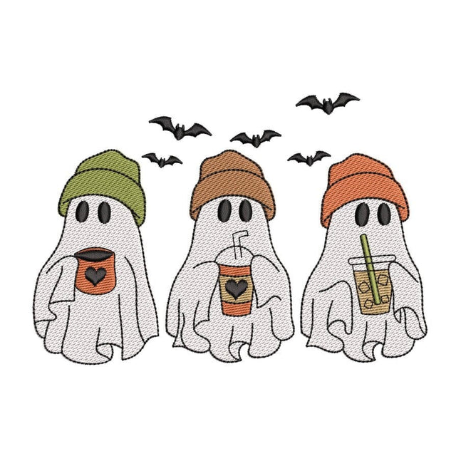 Ghosts Drinking Coffee Embroidery Design, Cute Halloween Ghosts Embroidery Design, Coffee Lover Spooky Embroidery Design, 4 sizes Embroidery/Applique DESIGNS Nino Nadaraia 