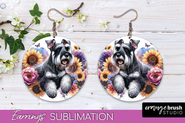Giant Schnauzer Earrings - Dog Mom Floral Round Earring Sublimation Sublimation OrangeBrushStudio 
