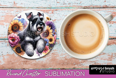 Giant Schnauzer Round Coaster - Dog Mom Floral Coaster Sublimation Sublimation OrangeBrushStudio 