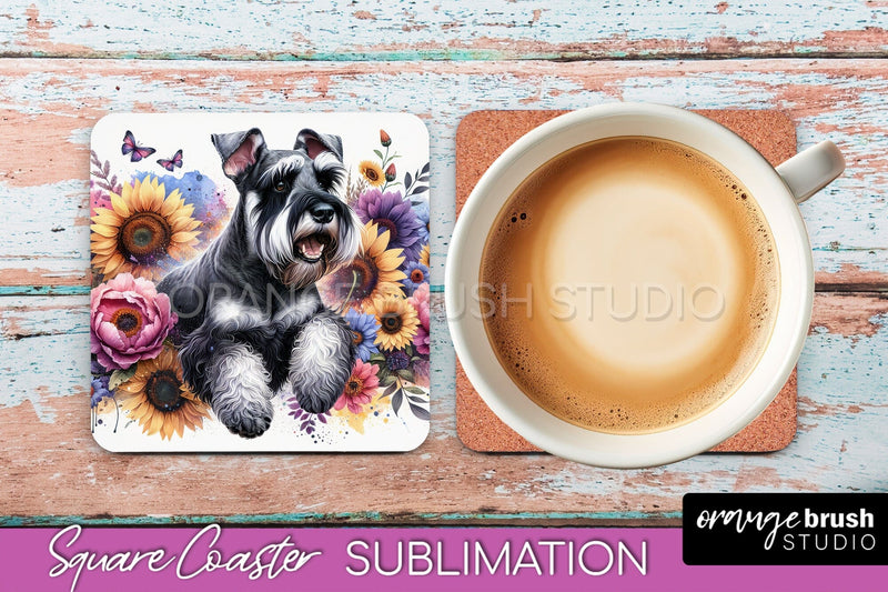 Giant Schnauzer Square Coaster - Dog Mom Floral Coaster Sublimation Sublimation OrangeBrushStudio 