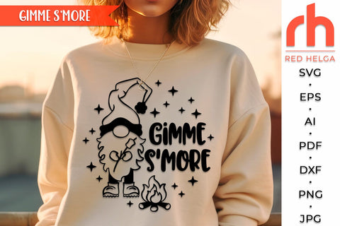 Gimme S’More SVG, Summer Shirt Cut File, Window Decor DXF, Camping Design Vector, Gnome with a Marshmallow Outline SVG RedHelgaArt 