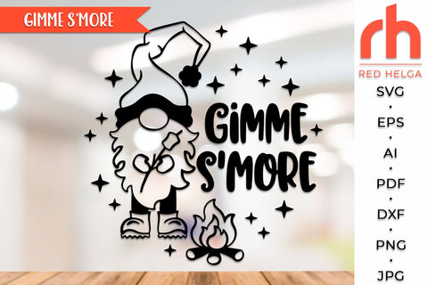 Gimme S’More SVG, Summer Shirt Cut File, Window Decor DXF, Camping Design Vector, Gnome with a Marshmallow Outline SVG RedHelgaArt 