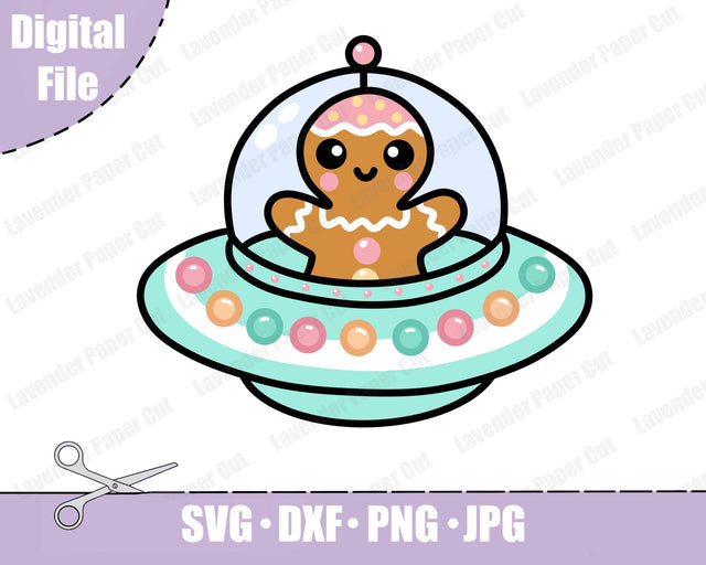 Gingerbread Alien Ship SVG, Sublimation, PNG, JPEG, Holiday Alien, Spaceship, For Cricut and Silhouette, Kawaii, Cute Christmas SVG Lavender Paper Cut 