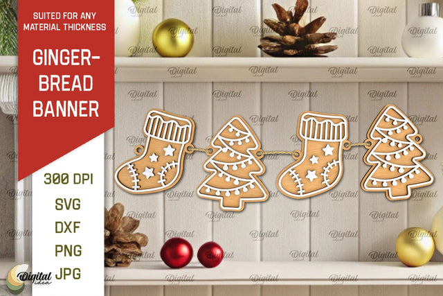 Gingerbread Banner Laser Cut Design. Christmas Banner SVG SVG Evgenyia Guschina 