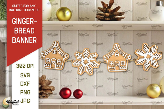 Gingerbread Banner Laser Cut Design. Christmas Banner SVG SVG Evgenyia Guschina 