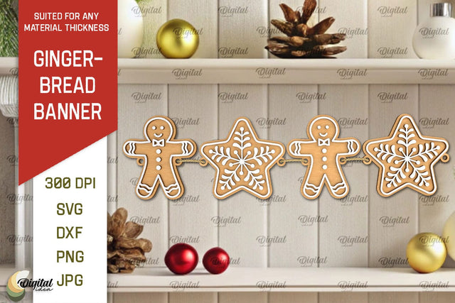Gingerbread Banner Laser Cut Design. Christmas Banner SVG SVG Evgenyia Guschina 